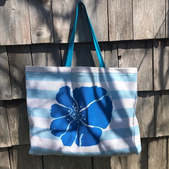 NWT- Bright Blue Flower Handprinted on Blue and White Stripe Tote Bag. - Picture 7 of 9